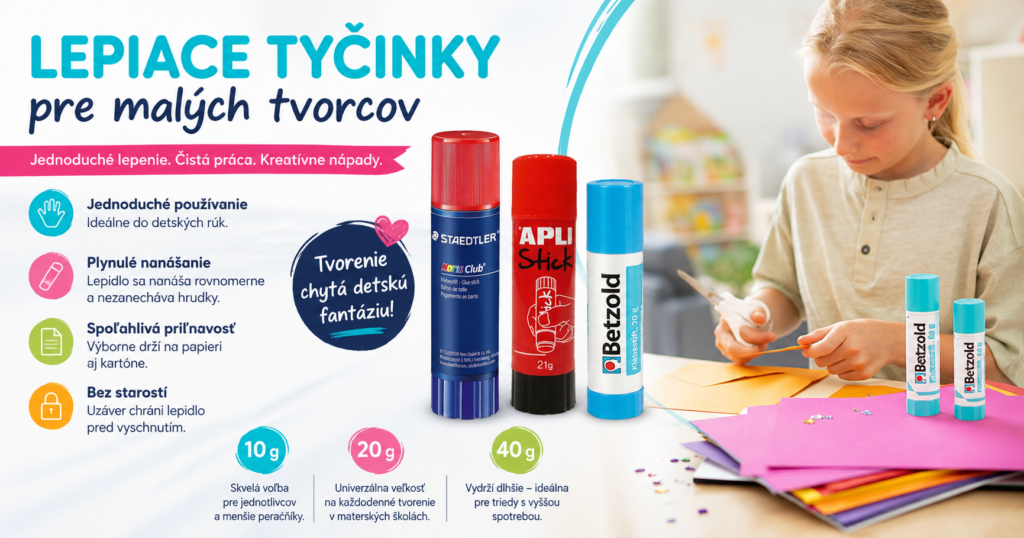 Lepiaca tyčinka – nevyhnutná pomôcka pre materské školy Lepiaca tyčinka pre materské školy a 1. stupeň ZŠ – tyčinkové lepidlá na tvorenie, strihanie a výrobu koláží.