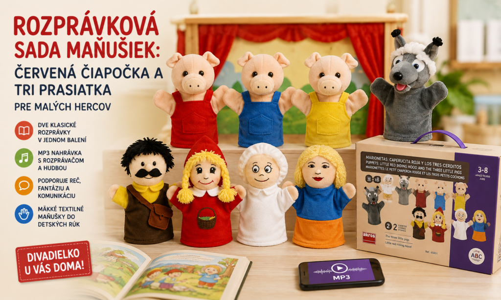 Rozprávková sada maňušiek – dve rozprávky v jednom balení Rozprávková sada maňušiek Červená čiapočka a Tri prasiatka s textilnými maňuškami, MP3 nahrávkou a obalom balenia.