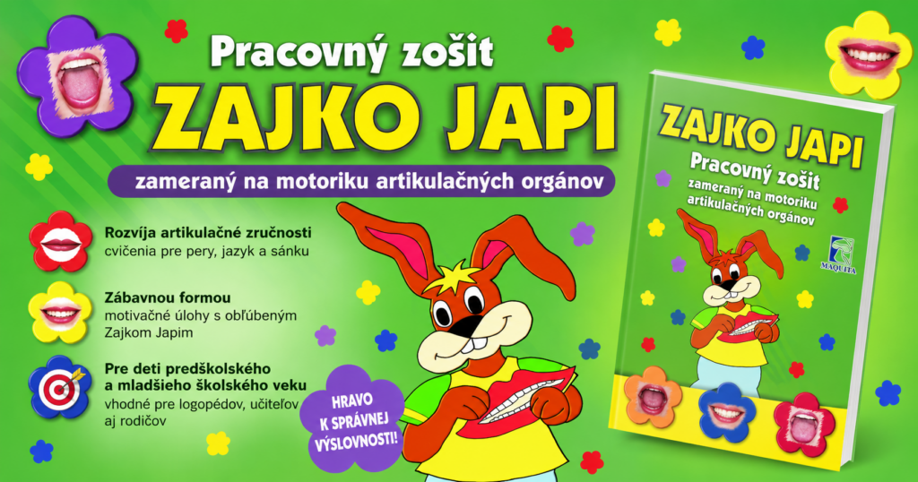 Pracovný zošit Zajko Japi: prevencia porúch rečí u detí v MŠ Pracovný zošit Zajko Japi na rozvoj motoriky artikulačných orgánov s cvičeniami pre jazyk, pery a sánku pre deti predškolského a mladšieho školského veku.