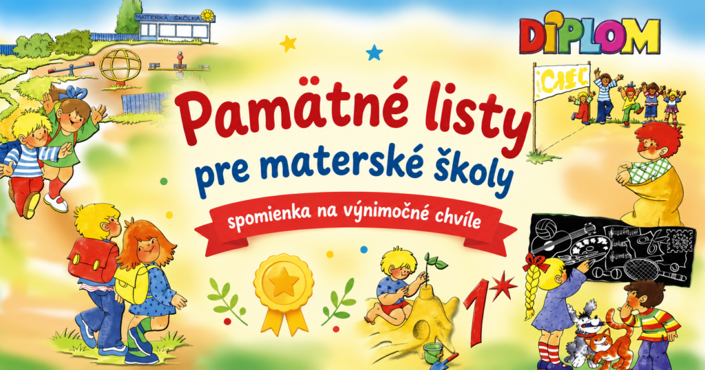 Banner s pamätnými listami pre materské školy a ilustráciami detí. Pamätné listy sú krásnou spomienkou na výnimočné chvíle v škôlke a rozlúčku s predškolákmi.