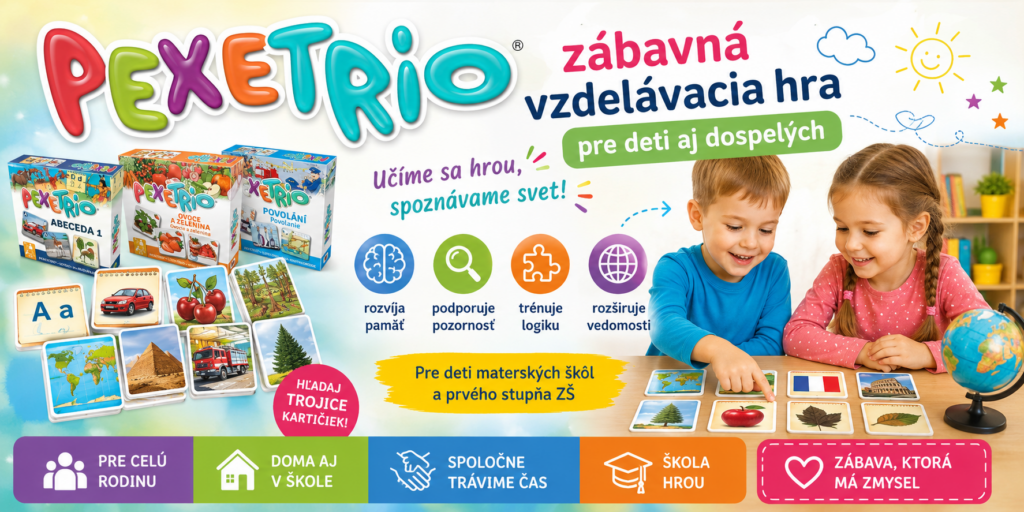 Pexetrio: zábavná vzdelávacia hra pre deti aj dospelých Deti hrajú Pexetrio, zábavnú vzdelávaciu hru, ktorá rozvíja pamäť, logické myslenie a všeobecné vedomosti.