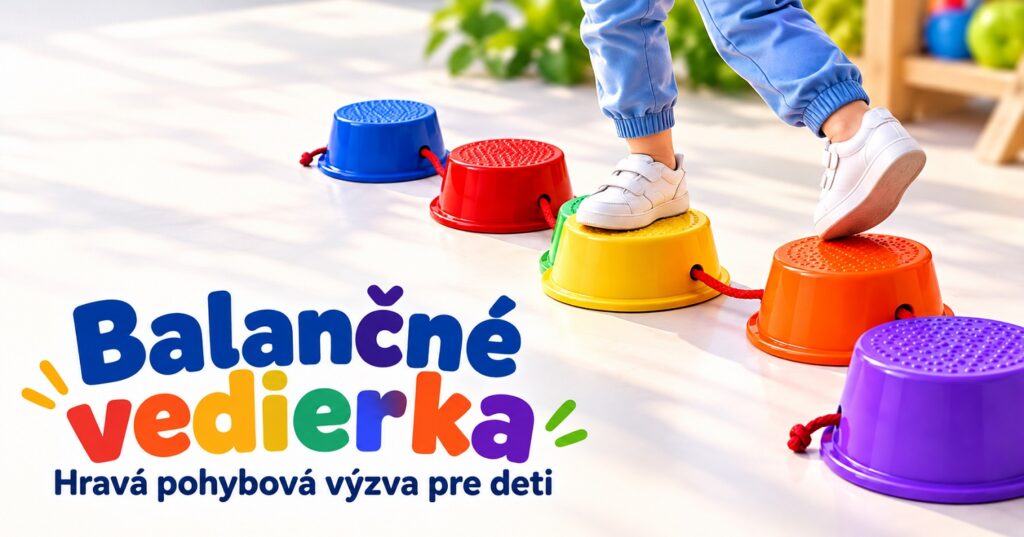 Balančné vedierka pre zábavné pohybové hry Dieťa prechádza po farebných balančných vedierkach spojených lanom