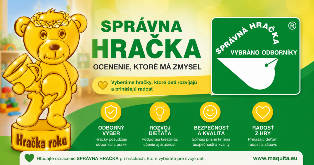 Odborné ocenenie „Správna hračka“ Banner ocenenia Správna hračka s logom ocenenia, soškou Hračka roka a informáciou o odbornom výbere kvalitných hračiek pre deti.