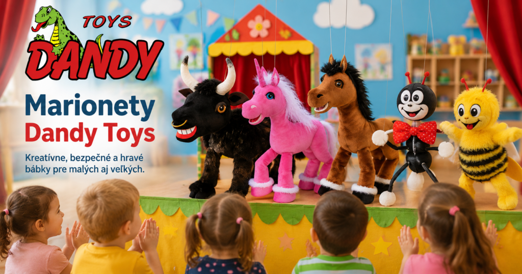 Marionety Dandy Toys Banner s marionetami DANDY Toys – býk, jednorožec, koník, mravec a včielka na detskom bábkovom predstavení v materskej škole.