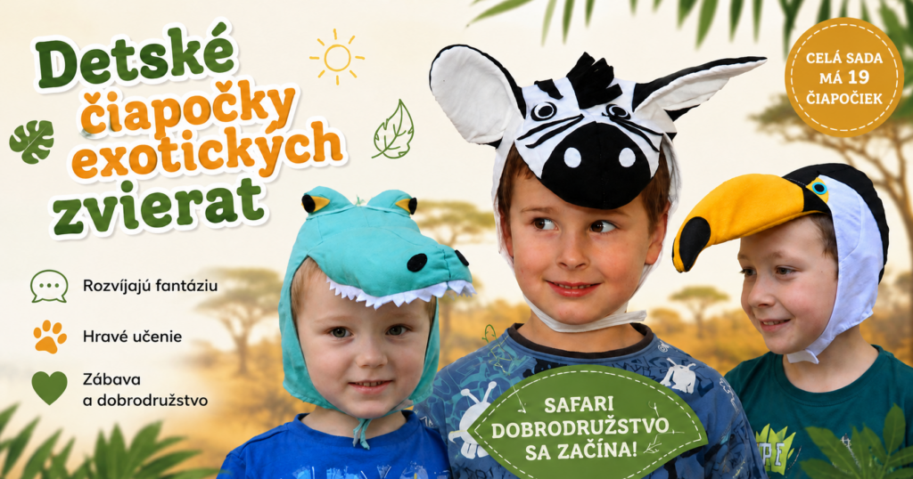 Detské čiapočky exotických zvierat Detské čiapočky exotických zvierat – deti s čiapočkami krokodíla, zebry a tukana na safari banneri