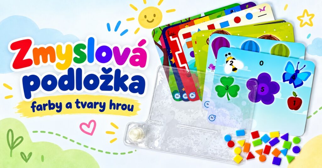 Zmyslová podložka na učenie farieb a tvarov Zmyslová podložka s farebnými tvarmi a kartami aktivít na učenie farieb, tvarov a jemnej motoriky