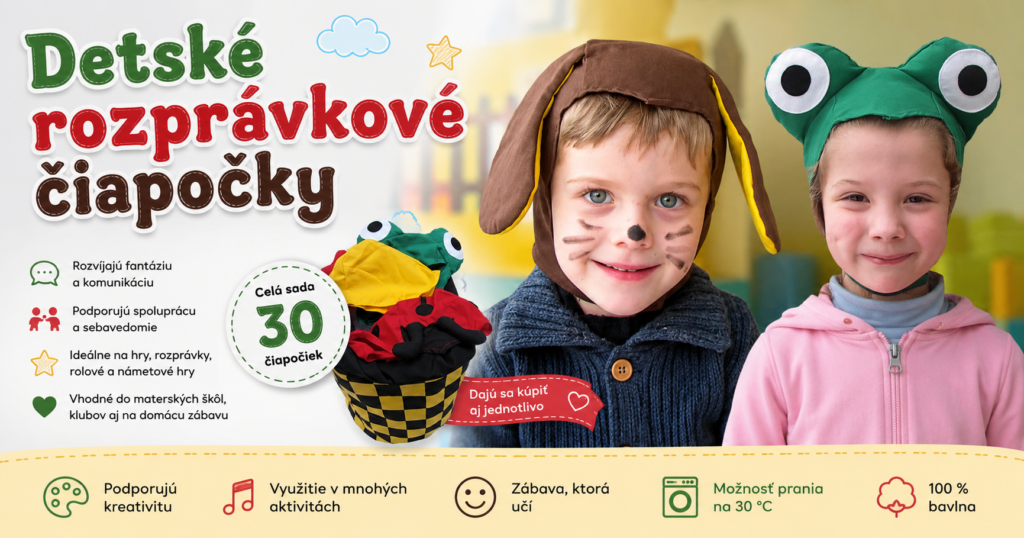 Detské rozprávkové čiapočky – textilná sada 30 rozprávkových a zvieracích čiapočiek na dramatizáciu, rolové a námetové hry v materskej škole.