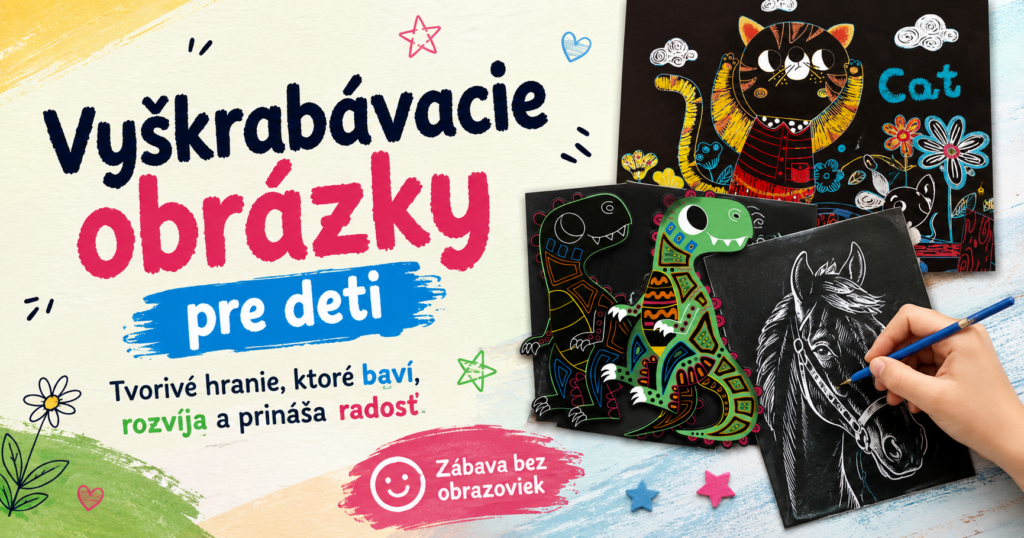 Vyškrabávacie obrázky pre deti s motívmi dinosaurov, mačky a koňa pri kreatívnom vyškrabávaní