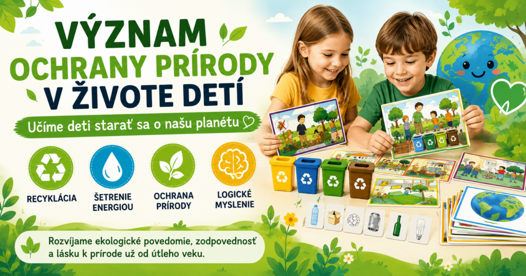 Banner článku Význam ochrany prírody v živote detí zobrazujúci deti pri ekologických aktivitách a vzdelávacích hrách o ochrane prírody.