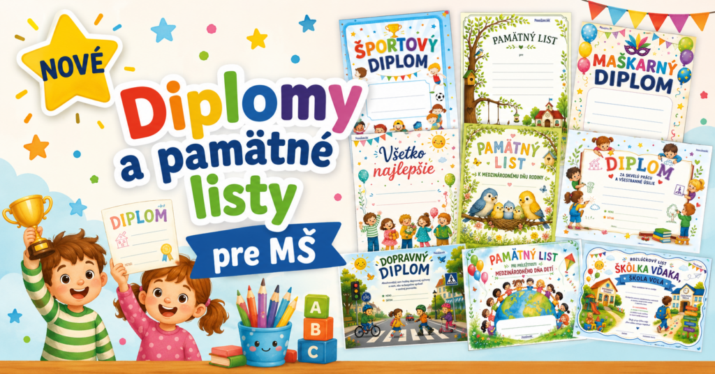 Farebné diplomy a pamätné listy pre materské školy s motívmi pre šport, výtvarnú výchovu, Deň matiek, Deň otcov, rozlúčku s predškolákmi a ďalšie príležitosti.