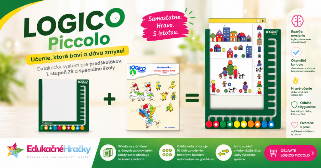 LOGICO Piccolo – didaktický systém s rámčekom a kartami na samostatné riešenie úloh s okamžitou kontrolou správnosti.
