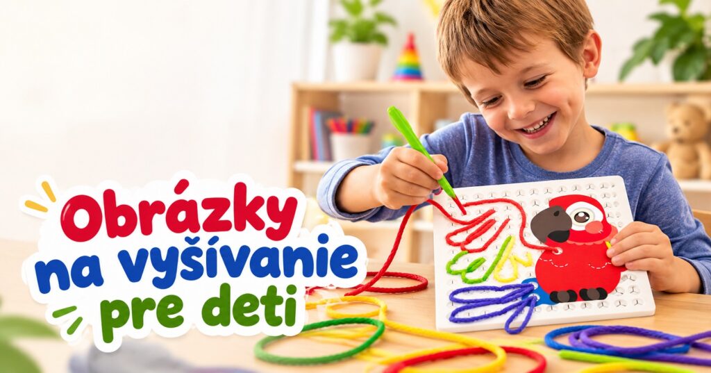 Chlapec tvorí obrázok na vyšívanie pre deti pomocou farebných šnúrok a špeciálneho pera