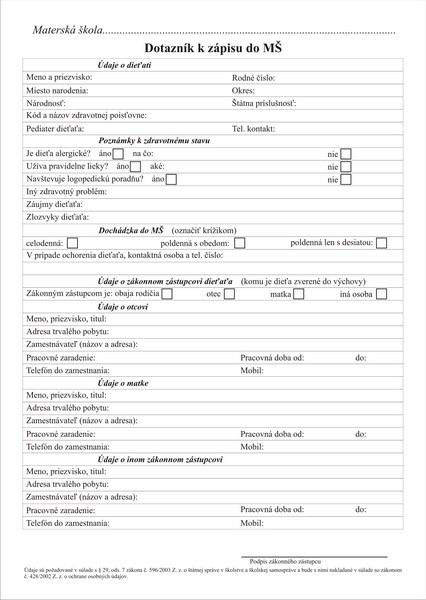Dotazník k zápisu do MŠ