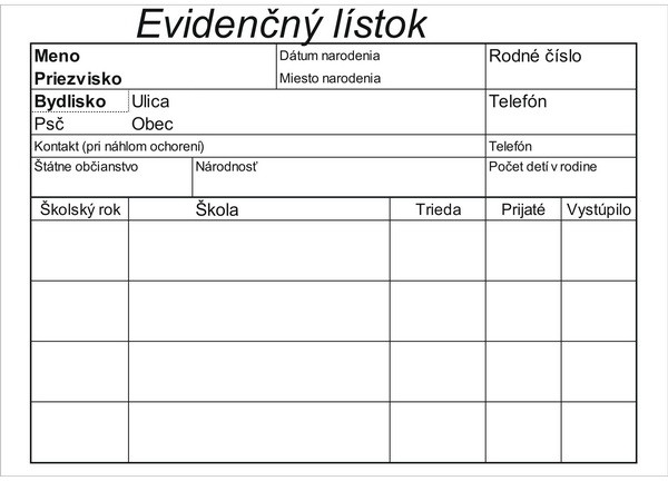 Evidenčná karta vpredu