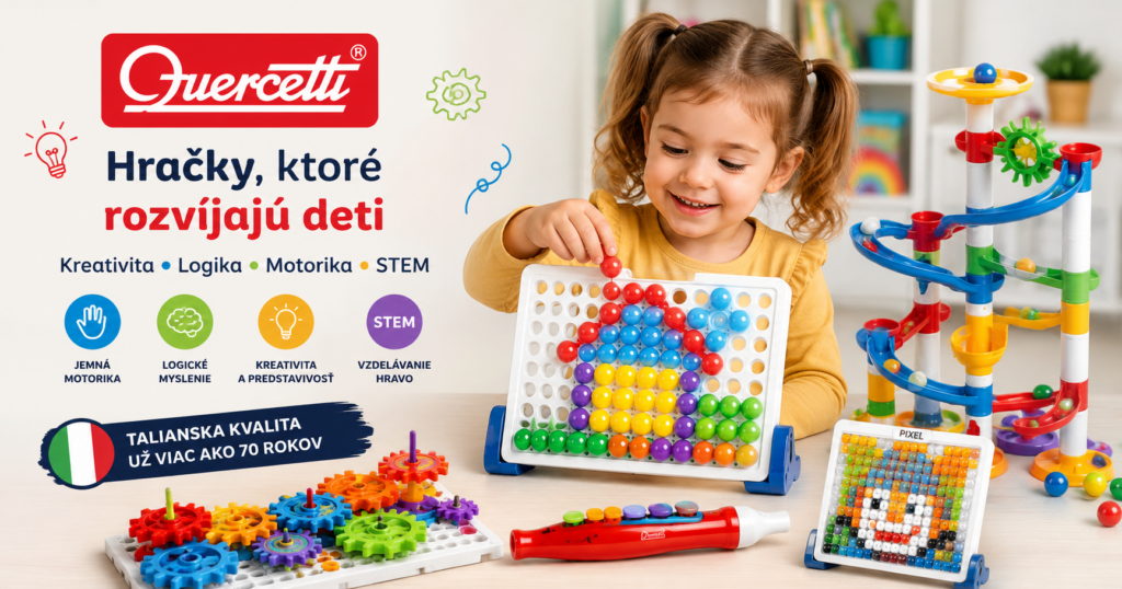 Quercetti hračky – kvalitné talianske hračky pre rozvoj detí Dieťa sa hrá s edukatívnymi hračkami Quercetti vrátane mozaiky FantaColor, guličkovej dráhy Migoga a ozubených kolies Georello.