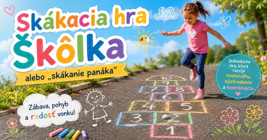 Skákacia hra Škôlka alebo „skákanie panáka“ Dievča skáče hru Škôlka (skákanie panáka) na farebne nakreslenom panákovi na chodníku.