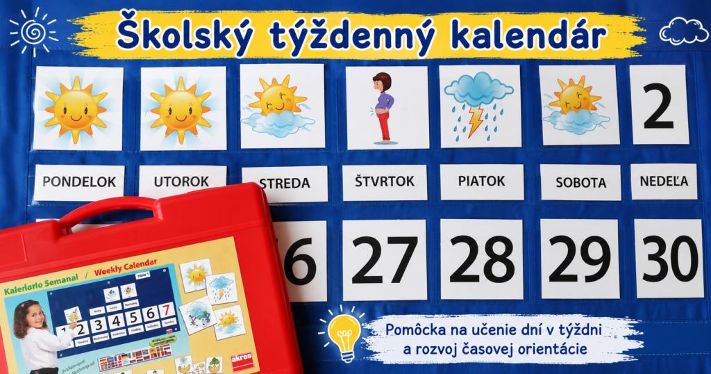 Školský týždenný kalendár s dňami v týždni v slovenčine na rozvoj orientácie v čase u detí v materskej škole.