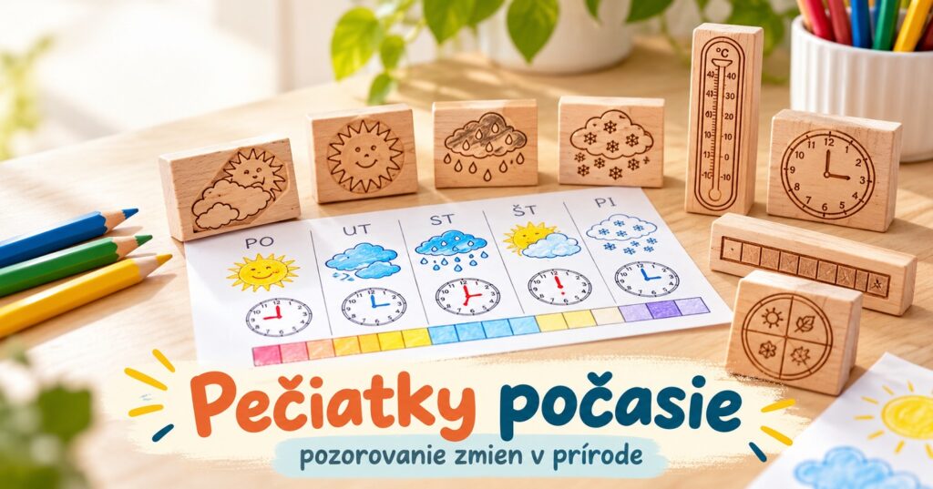 Pečiatky počasie s motívmi slnka, dažďa, oblakov a snehu na zaznamenávanie počasia v materskej škole.