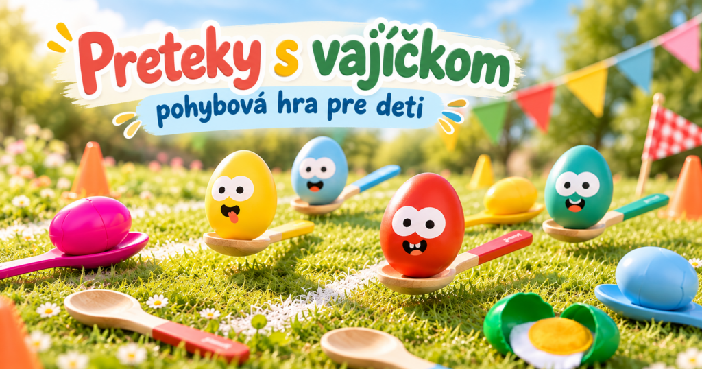 Preteky s vajíčkom ako pohybová hra pre deti – farebný banner s vajíčkami na lyžiciach