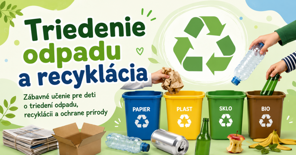 Triedenie odpadu a recyklácia Farebný banner o triedení odpadu a recyklácii pre deti s kontajnermi na papier, plast, sklo a bioodpad a recyklačným symbolom.