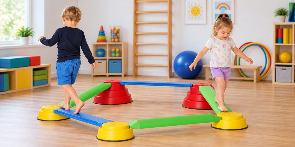 Dve deti cvičia rovnováhu na modulárnej gymnastickej kladine v telocvični materskej školy.