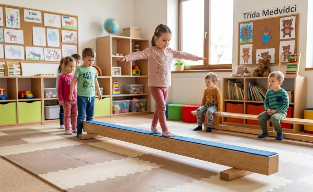 Dievčatko prechádza po nízkej drevenej gymnastickej kladine s modrým povrchom v triede materskej školy.