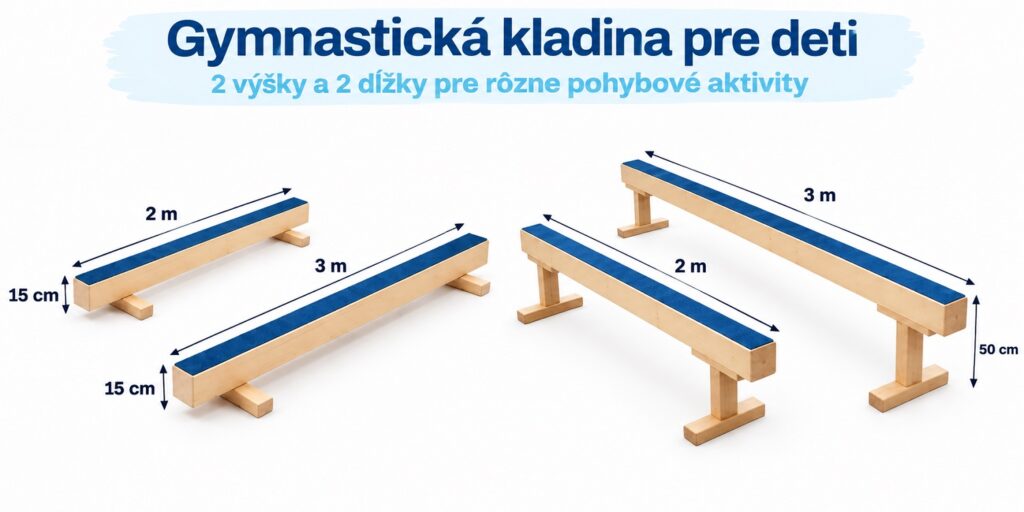 Drevené balančné kladiny v štyroch rozmeroch – výšky 15 a 50 cm a dĺžky 2 a 3 metre.