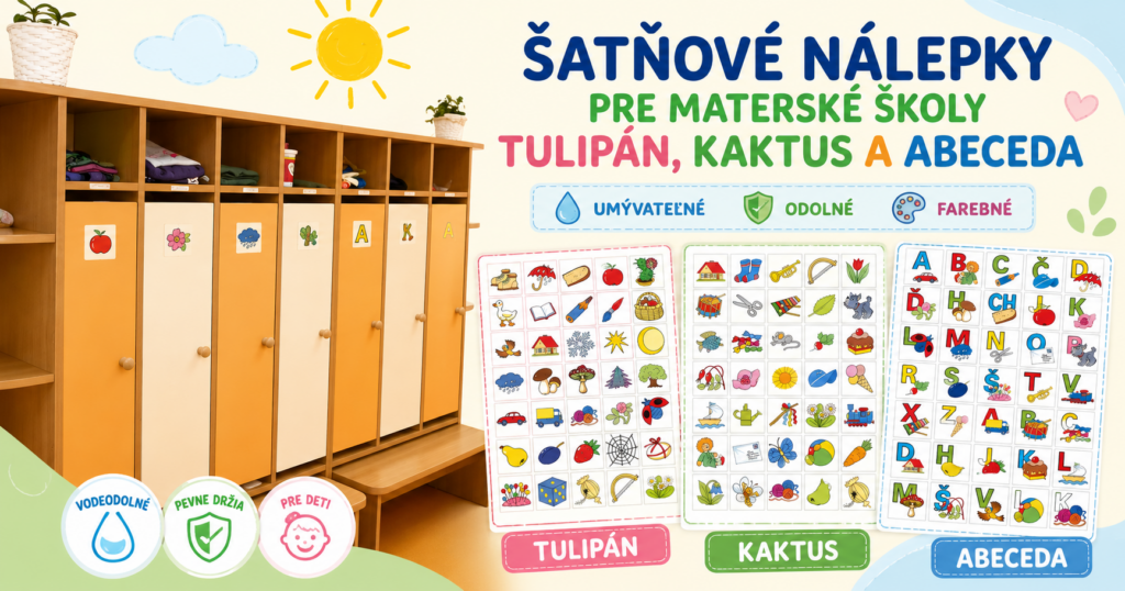 Šatňové nálepky pre materské školy Šatňové nálepky Tulipán, Kaktus a Abeceda na označenie skriniek v materskej škole.