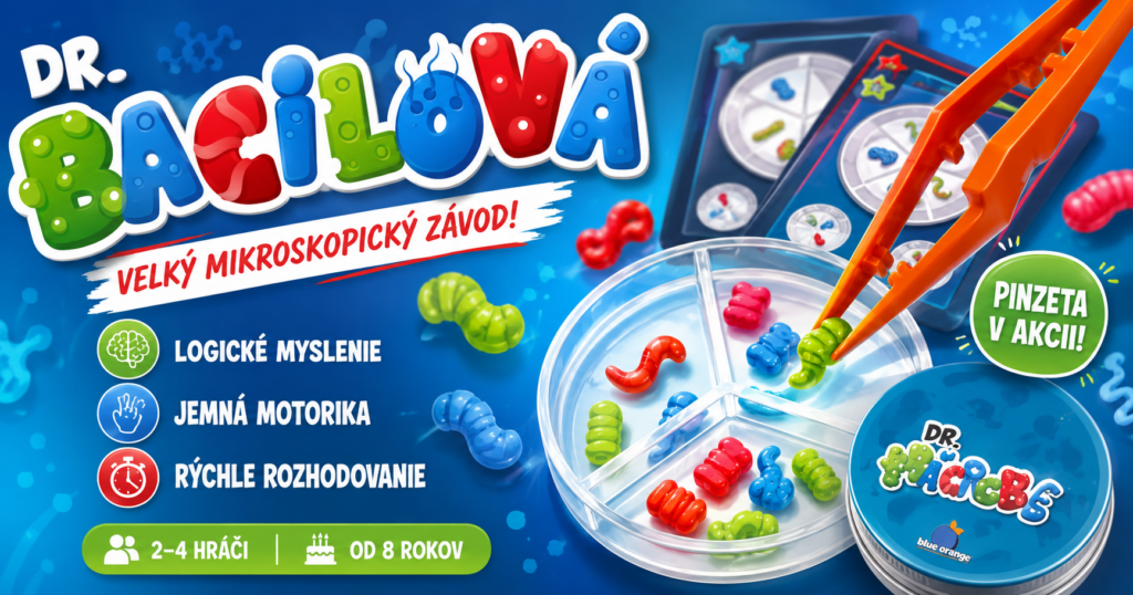 Spoločenská hra doktorka Bacilová: čo všetko si deti precvičia? Spoločenská hra doktorka Bacilová s Petriho miskou, pinzetou a farebnými mikróbmi na rozvoj logického myslenia a jemnej motoriky.