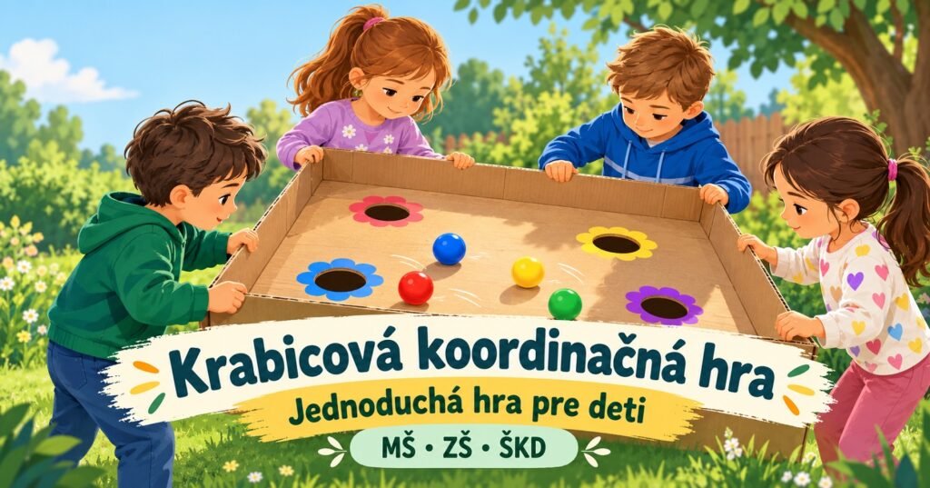 Krabicová koordinačná hra pre deti Krabicová koordinačná hra – deti spoločne nakláňajú kartónovú škatuľu s farebnými guľôčkami a otvormi.