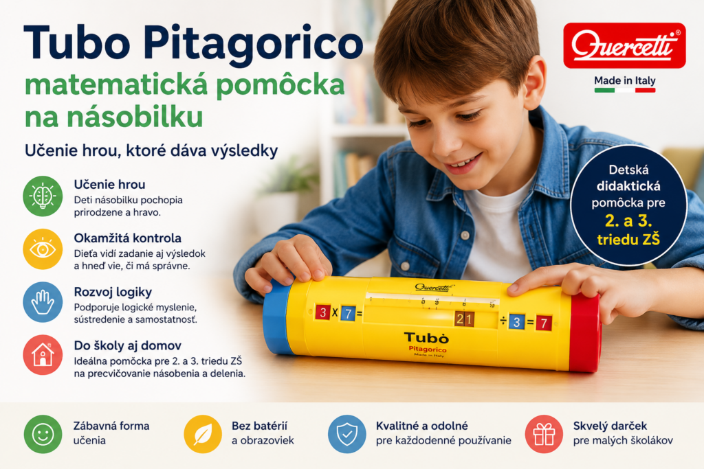 Dieťa používa matematickú pomôcku Tubo Pitagorico na učenie násobilky a delenia hravou formou.