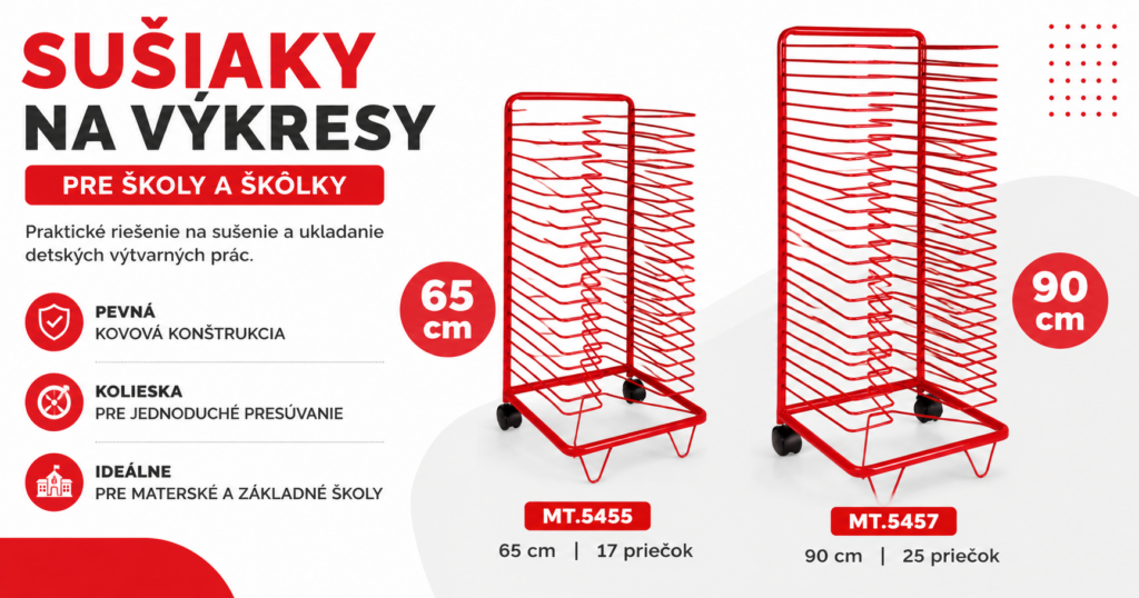 Sušiaky na výkresy pre školy Sušiaky na výkresy pre školy a škôlky s kovovou konštrukciou, modely 65 cm (17 priečok) a 90 cm (25 priečok).