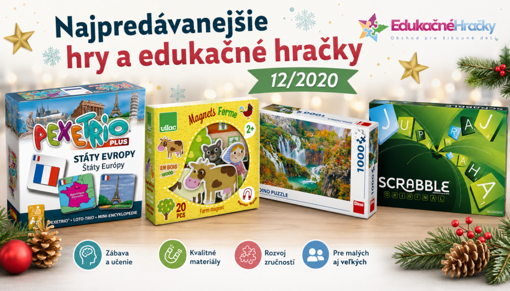 Najpredávanejšie hry a edukačné hračky 12/2020 Najpredávanejšie hry a edukačné hračky za december 2020 – Pexetrio Štáty Európy, Vilac Magnetky Farma, Dino Puzzle Plitvické jazerá a Scrabble Originál.