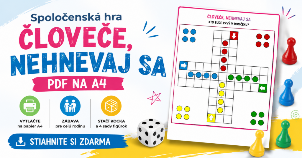 Spoločenská hra Človeče nehnevaj sa, pdf na A4 Banner spoločenskej hry Človeče, nehnevaj sa s herným plánom vo formáte PDF na tlač na papier A4.