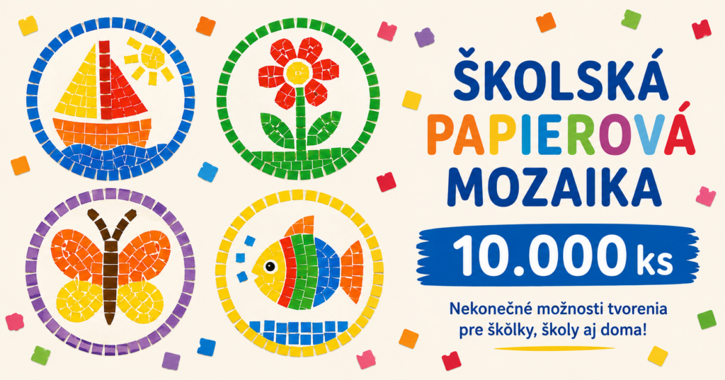 Papierová mozaika pre deti Školská papierová mozaika s farebnými papierovými štvorčekmi a ukážkami jednoduchých mozaikových obrázkov pre deti.
