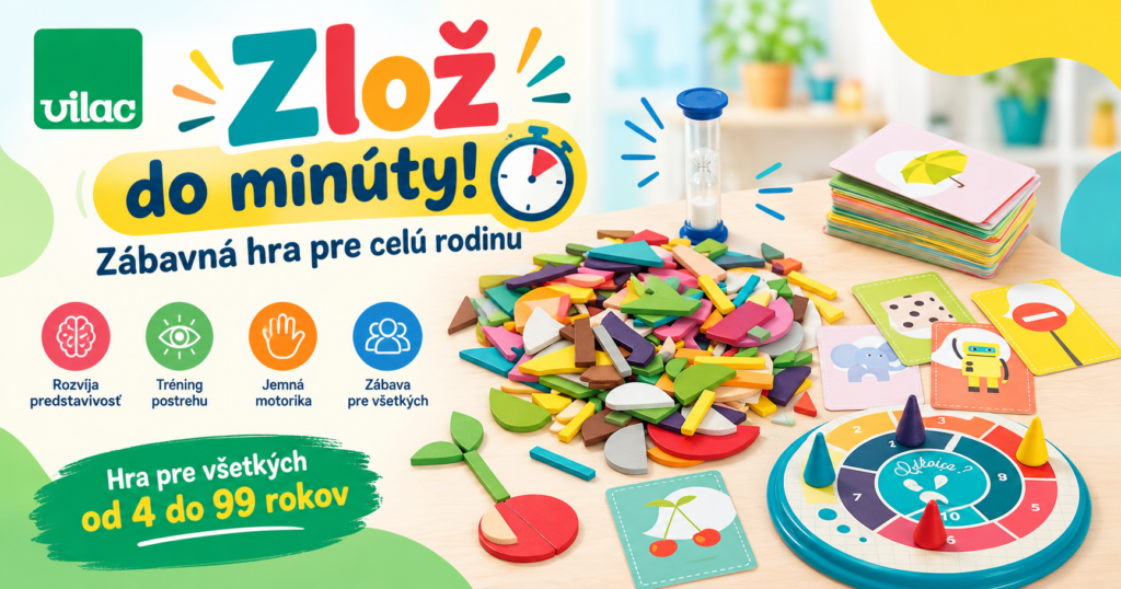 Spoločenská hra Vilac Zlož do minúty s farebnými drevenými dielikmi, kartičkami a presýpacími hodinami pre deti aj dospelých.