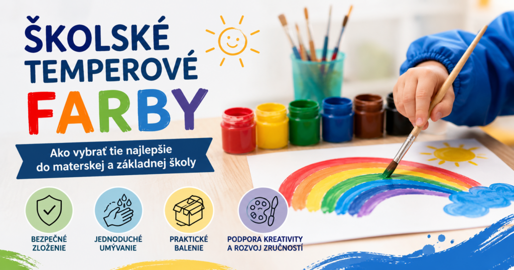 Školské temperové farby pre školy, škôlky aj domácnosť Školské temperové farby, štetce a detská maľba dúhy počas výtvarnej výchovy v materskej škole.