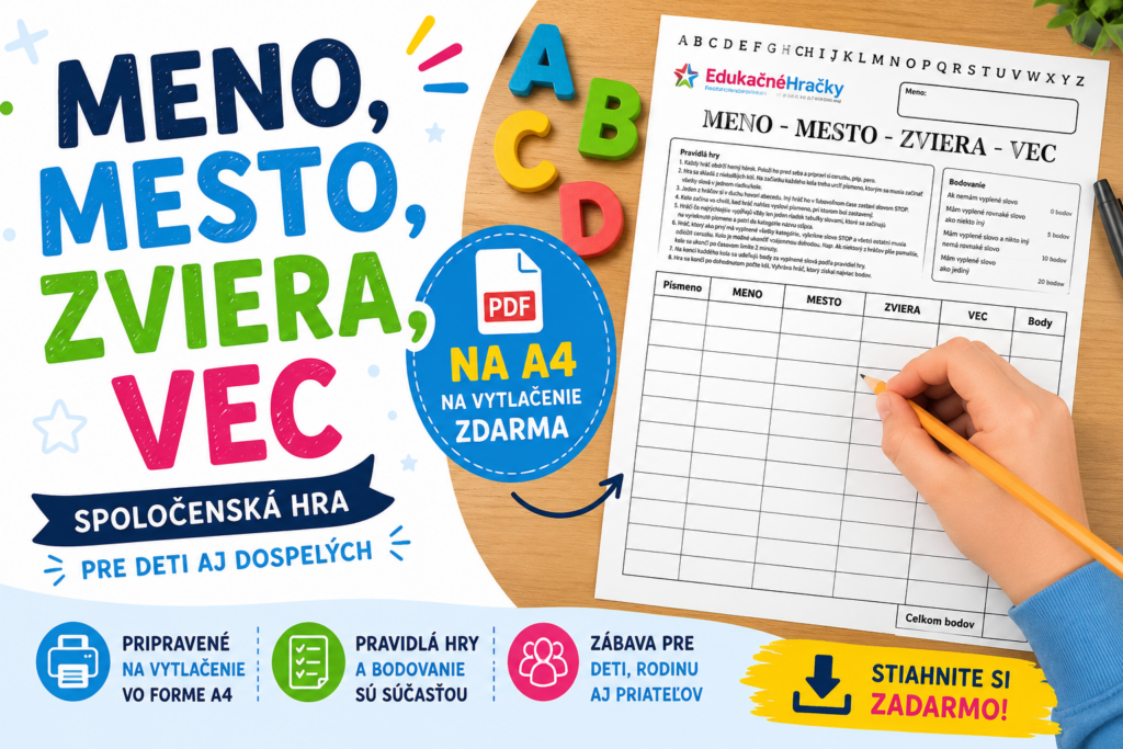 Herný hárok Meno, mesto, zviera, vec vo formáte PDF A4 pripravený na vytlačenie s pravidlami hry.