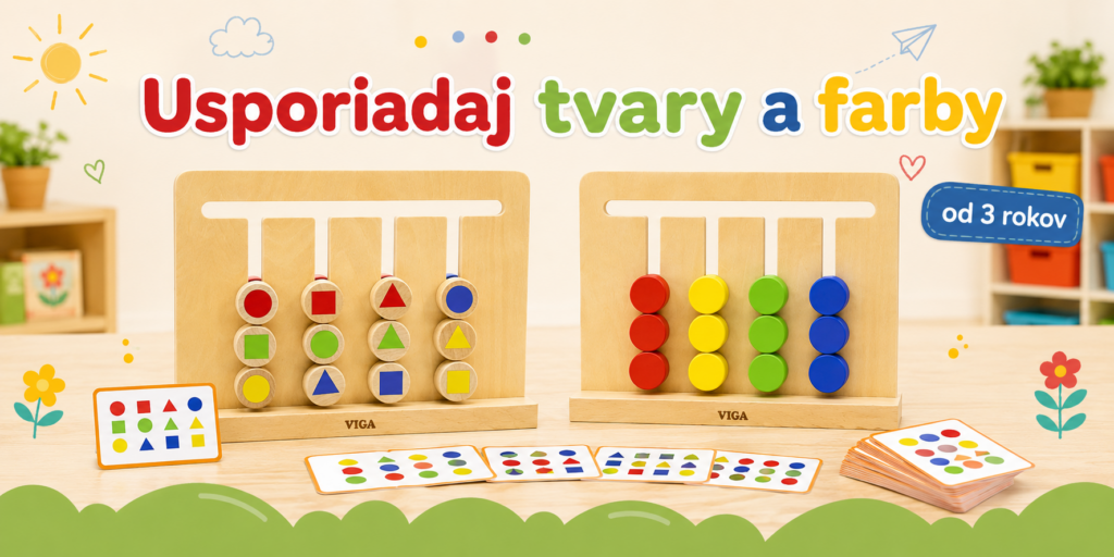 Usporiadaj tvary a farby – drevená logická hra s kartičkami pre deti od 3 rokov