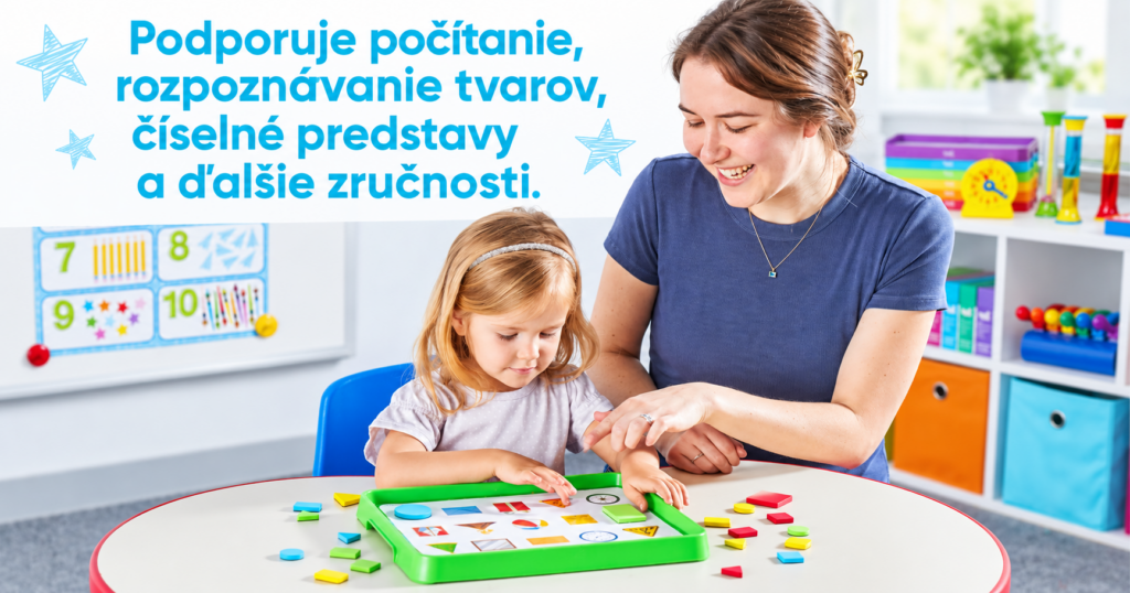 Dieťa pracuje s magnetickým podnosom pri počítaní, rozpoznávaní tvarov a rozvíjaní číselných predstáv v materskej škole.