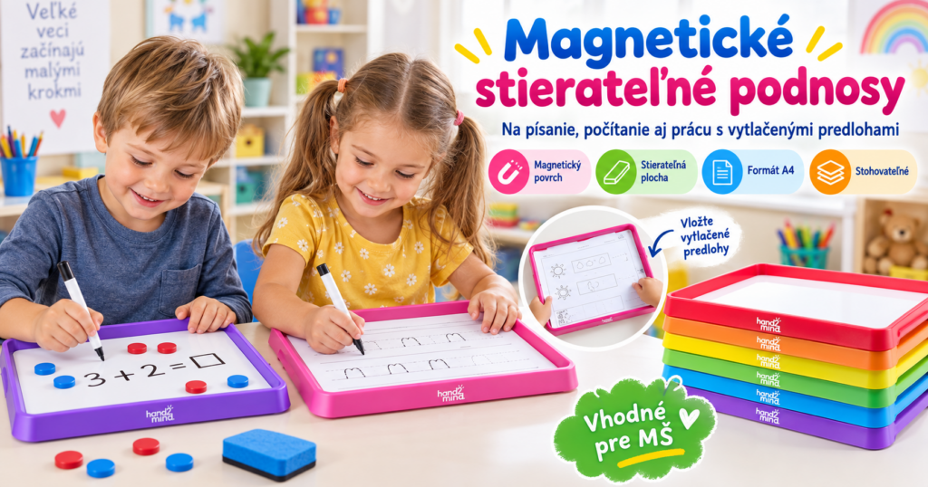Magnetické stierateľné podnosy v materskej škole Deti pracujú s magnetickými stierateľnými podnosmi pri písaní, počítaní a práci s vytlačenými predlohami v materskej škole.