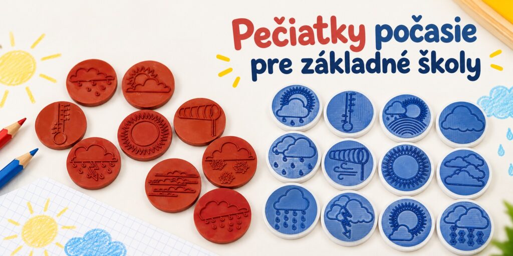 Pečiatky počasie pre základné školy – červená a modrá sada pečiatok so symbolmi slnka, dažďa, vetra, snehu a oblačnosti.