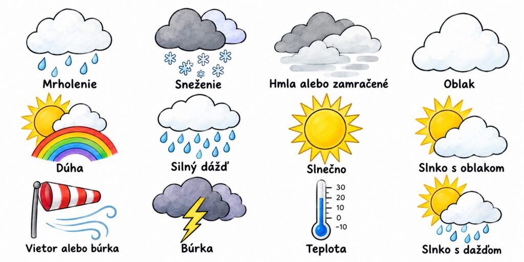 Pečiatky počasie – obrázkové symboly slnka, dažďa, sneženia, vetra, hmly, búrky a ďalších prejavov počasia.