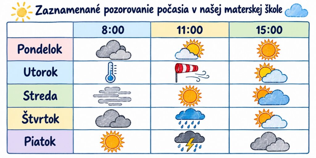 Pečiatky počasie – tabuľka pozorovania počasia v materskej a základnej škole s obrázkovými symbolmi od pondelka do piatku.