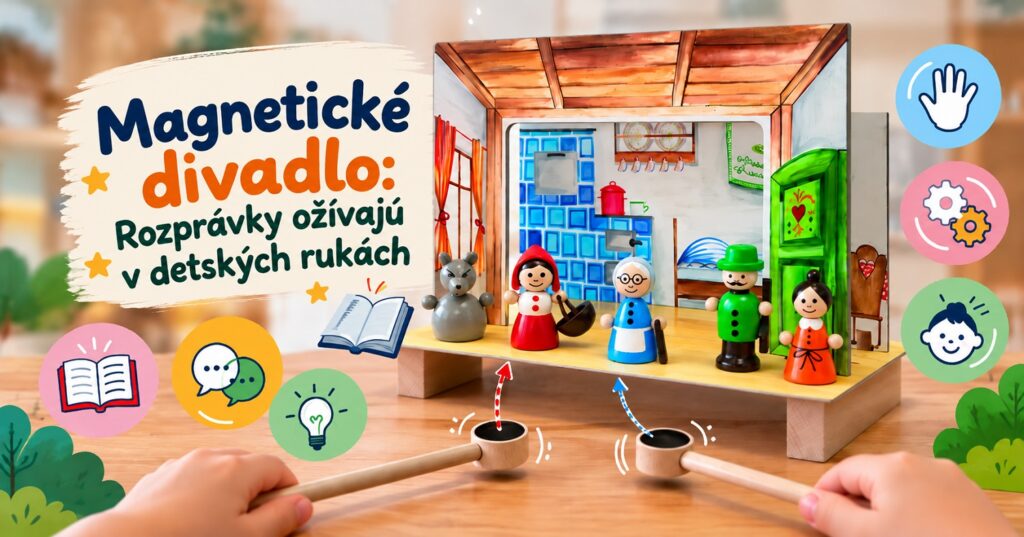 Magnetické divadlo pre malých rozprávkarov Magnetické divadlo s drevenými rozprávkovými postavičkami ovládanými pomocou magnetických paličiek.