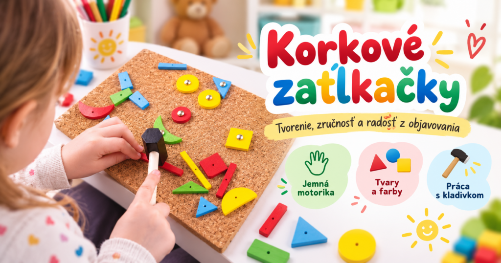 Dieťa tvorí obrázky z farebných drevených dielikov pomocou kladivka na korkovej podložke