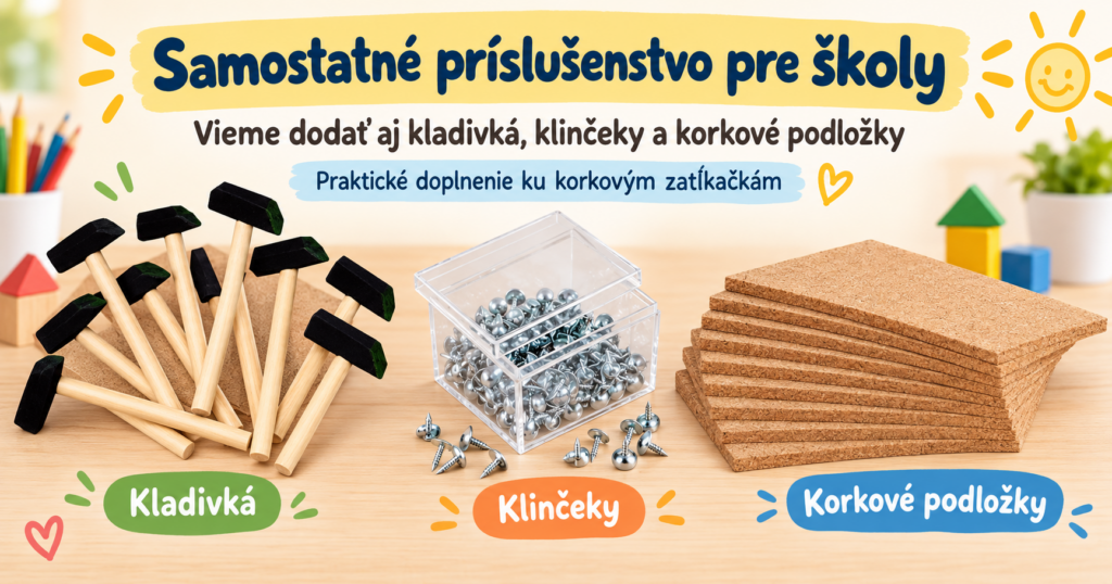 Príslušenstvo ku klinčekovým zatĺkačkám pre školy – kladivká, klinčeky a korkové podložky