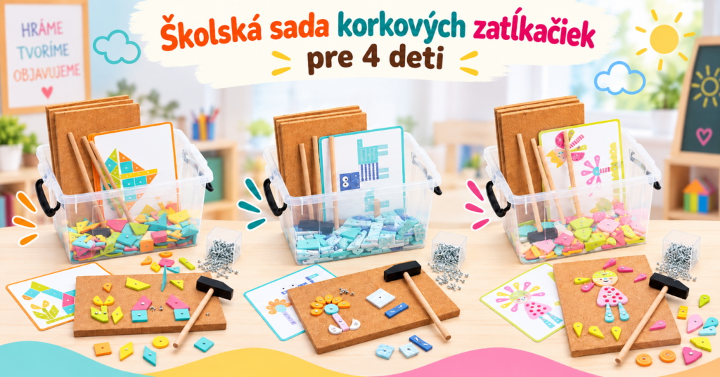 Školské sady korkových zatĺkačiek pre štyri deti s kladivkami, podložkami, dielikmi a predlohami