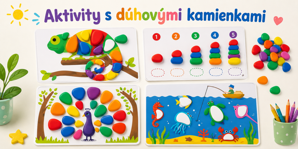 Aktivity s dúhovými kamienkami pre deti – skladanie obrázkov, počítanie a tvorivé úlohy