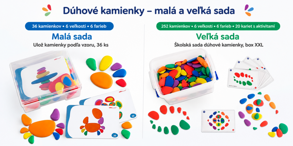 Dúhové kamienky – porovnanie malej sady 36 ks a veľkej školskej sady XXL
